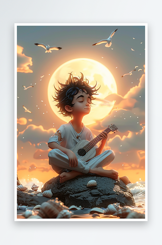 海边弹吉他的小男孩-众图网