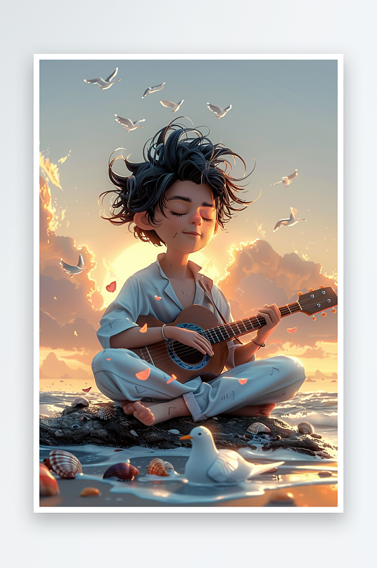 海边弹吉他的小男孩-众图网