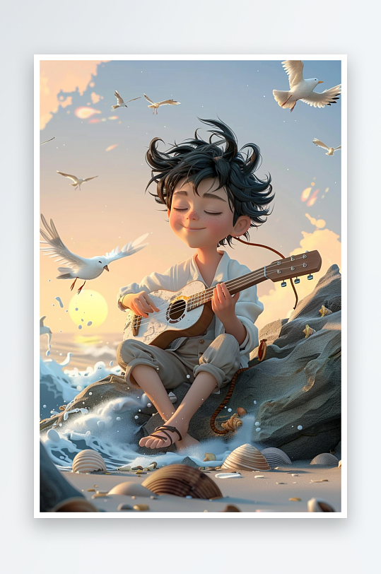 海边弹吉他的小男孩-众图网