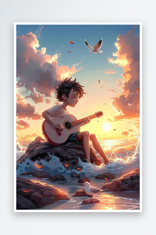 海边弹吉他的小男孩-众图网