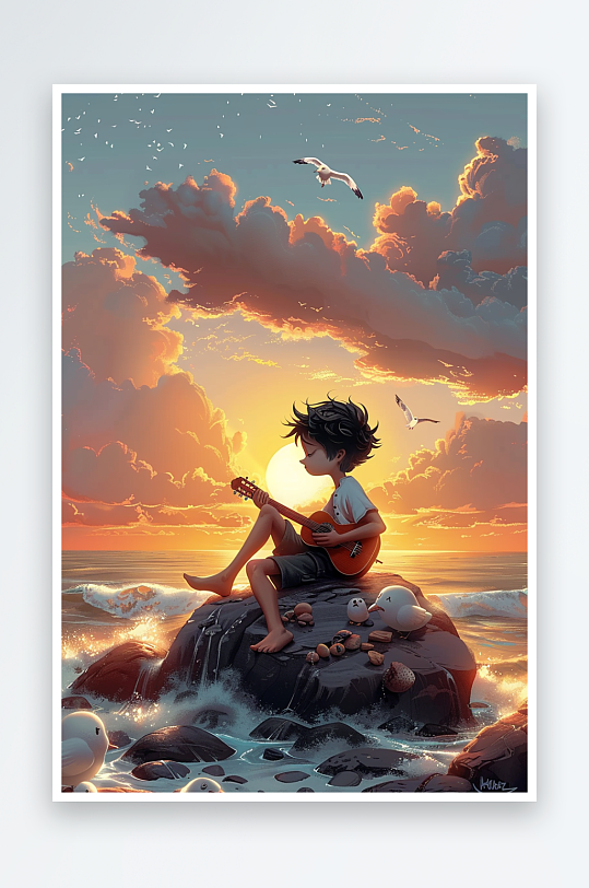 海边弹吉他的小男孩-众图网