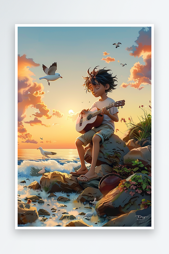 海边弹吉他的小男孩-众图网