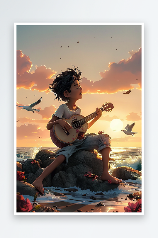 海边弹吉他的小男孩-众图网