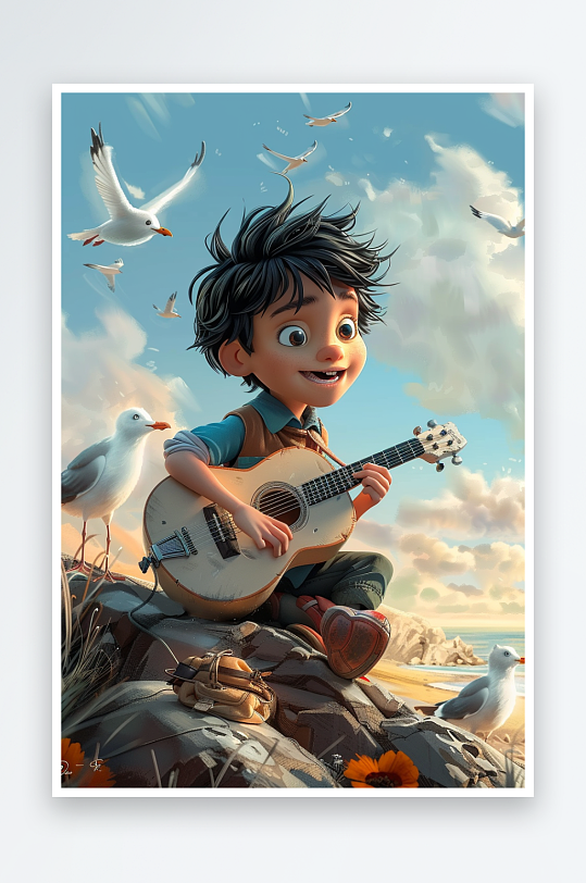 海边弹吉他的小男孩-众图网