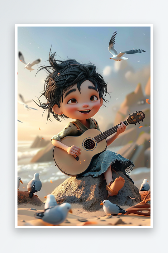 海边弹吉他的小男孩-众图网