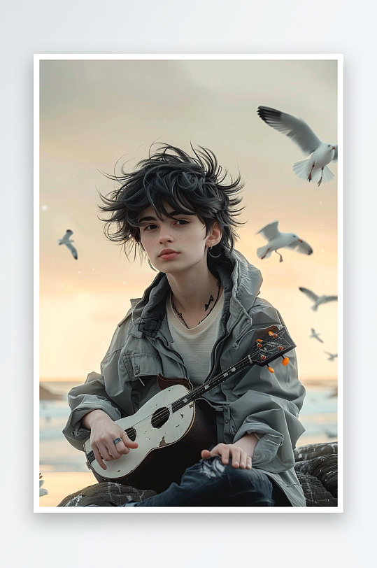 海边弹吉他的小男孩-众图网