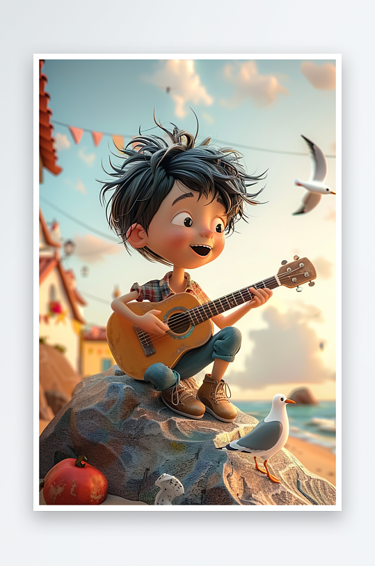 海边弹吉他的小男孩-众图网
