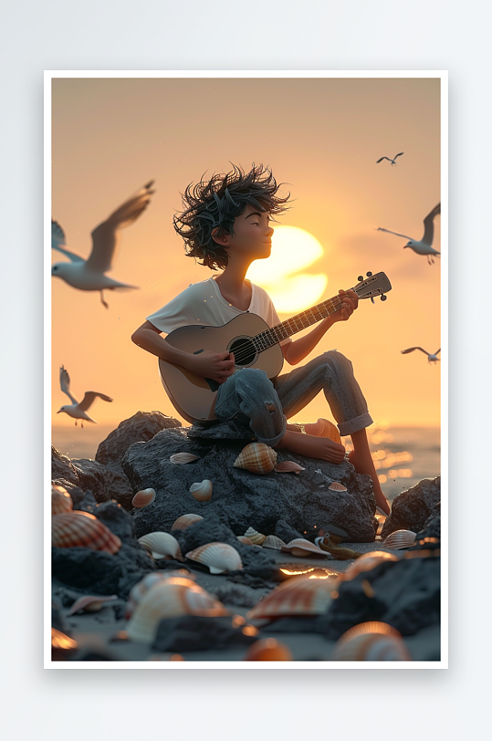 海边弹吉他的小男孩-众图网