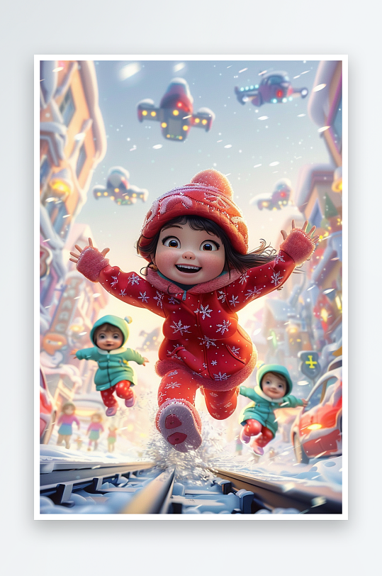 冬天雪地中玩耍的小孩-众图网