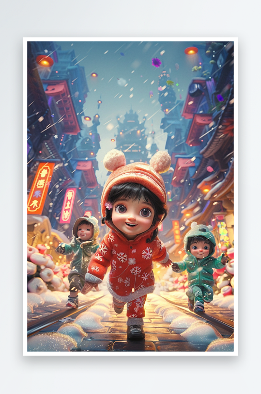 冬天雪地中玩耍的小孩-众图网