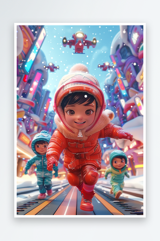 冬天雪地中玩耍的小孩-众图网