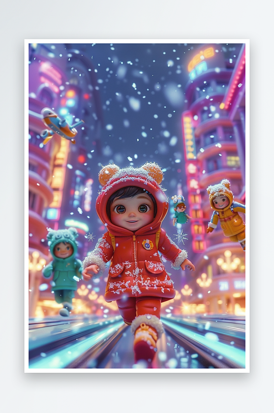 冬天雪地中玩耍的小孩-众图网