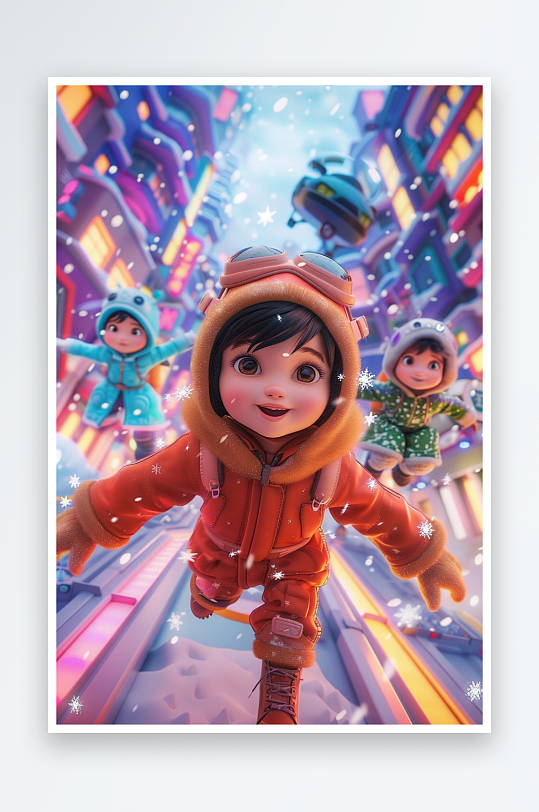 冬天雪地中玩耍的小孩-众图网