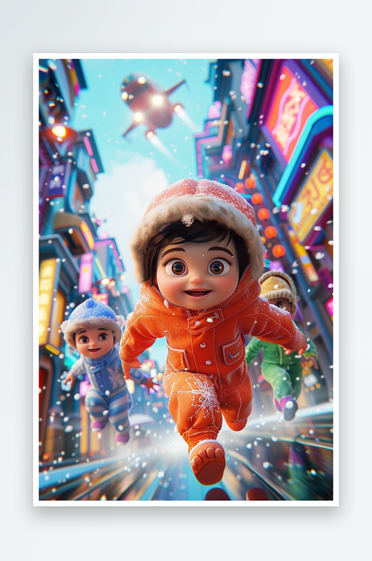 冬天雪地中玩耍的小孩-众图网