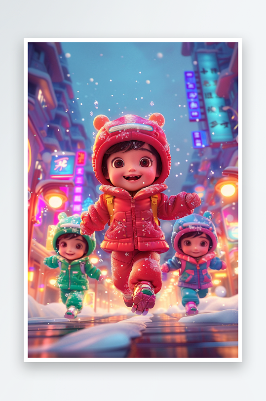 冬天雪地中玩耍的小孩-众图网