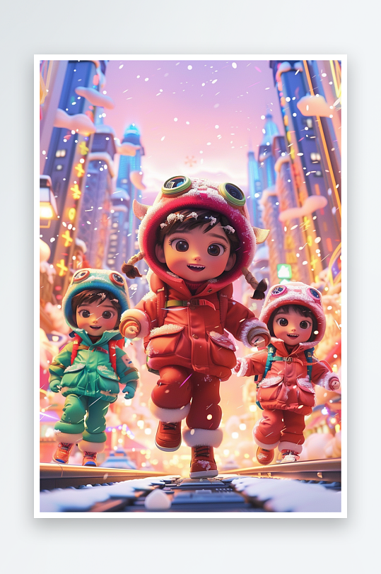 冬天雪地中玩耍的小孩-众图网