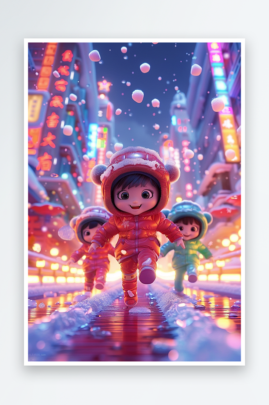 冬天雪地中玩耍的小孩-众图网