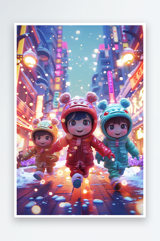 冬天雪地中玩耍的小孩-众图网