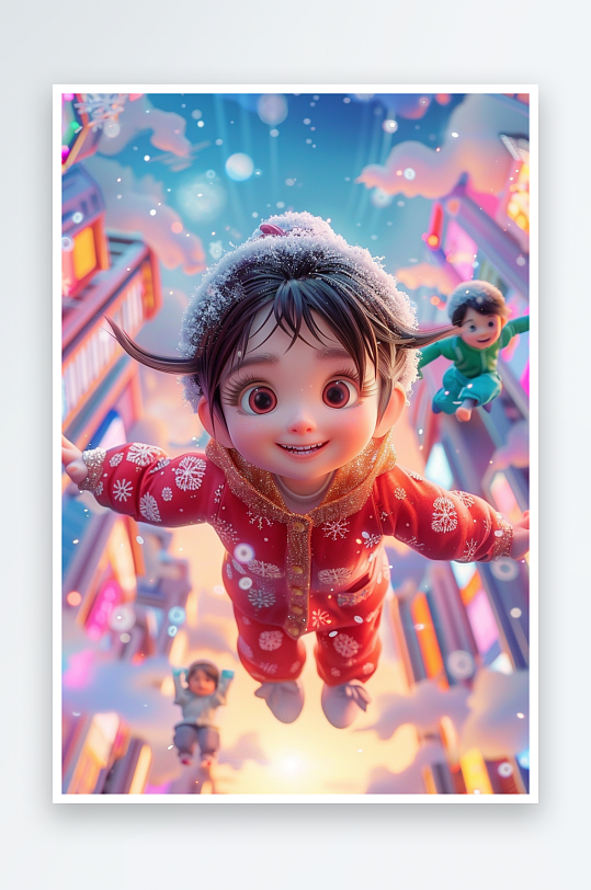 冬天雪地中玩耍的小孩-众图网