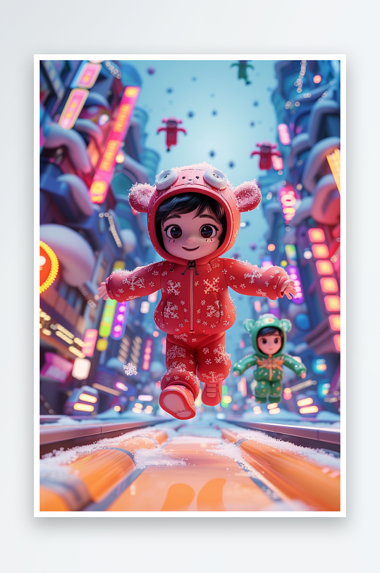 冬天雪地中玩耍的小孩-众图网