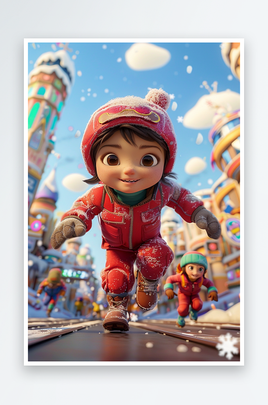 冬天雪地中玩耍的小孩-众图网