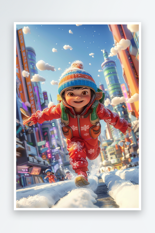 冬天雪地中玩耍的小孩-众图网