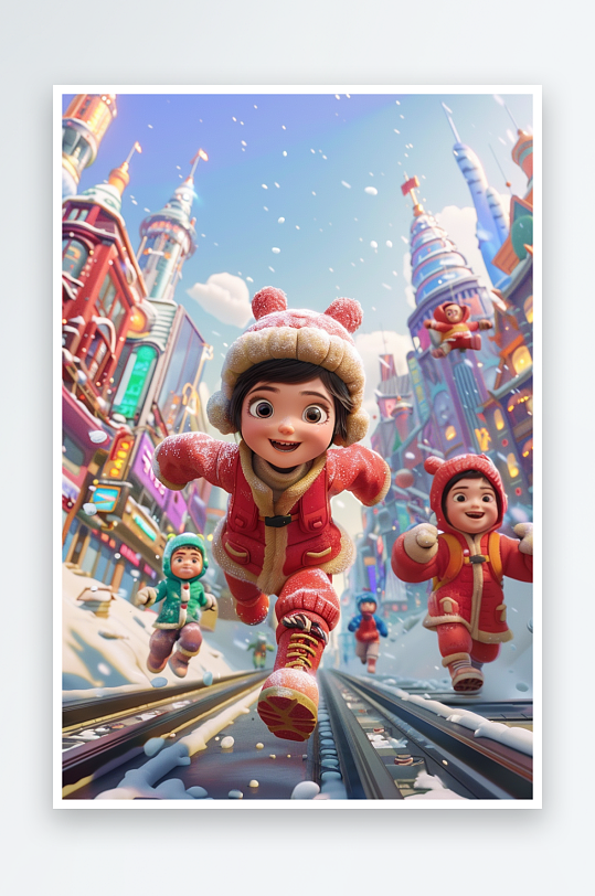 冬天雪地中玩耍的小孩-众图网