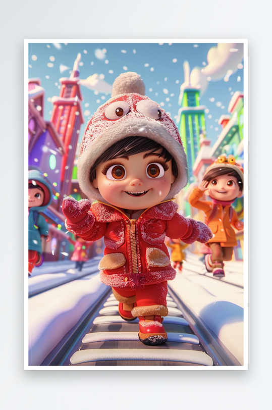 冬天雪地中玩耍的小孩-众图网