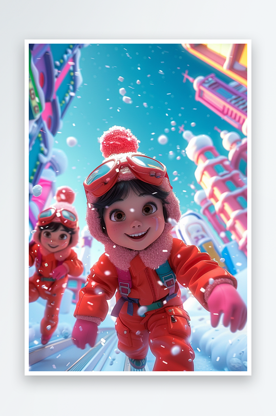 冬天雪地中玩耍的小孩-众图网