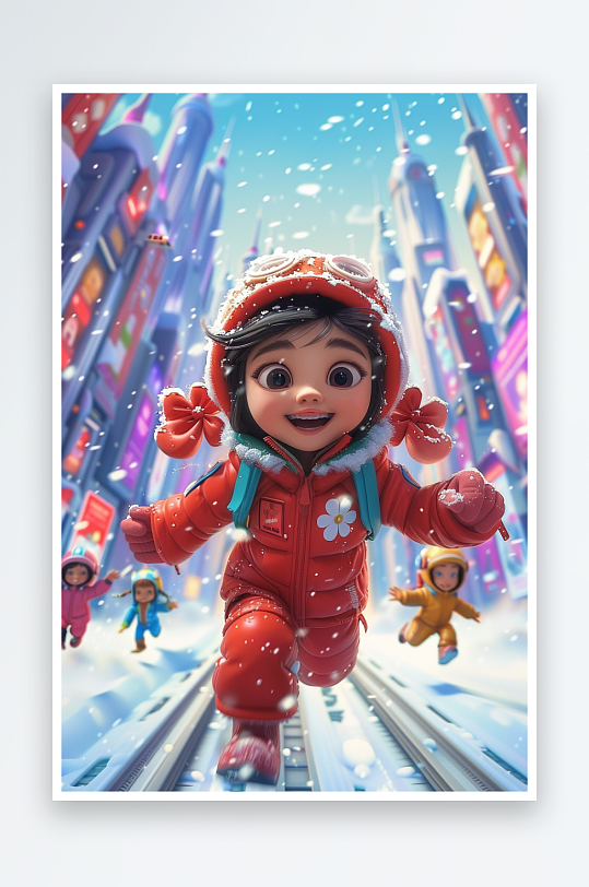 冬天雪地中玩耍的小孩-众图网