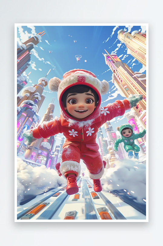 冬天雪地中玩耍的小孩-众图网