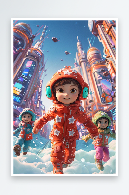 冬天雪地中玩耍的小孩-众图网