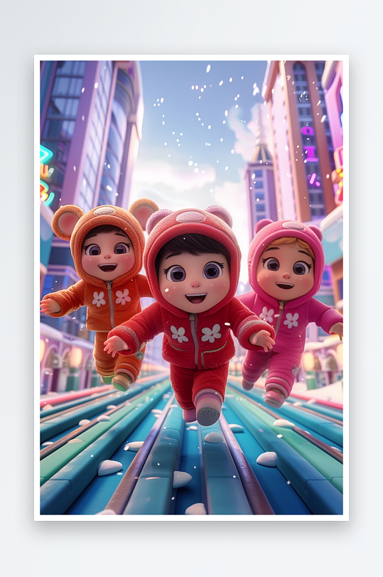 冬天雪地中玩耍的小孩-众图网