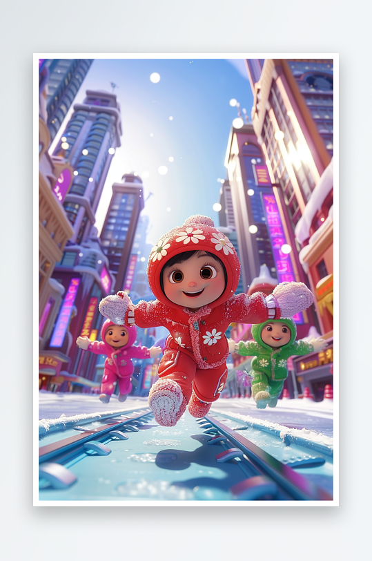 冬天雪地中玩耍的小孩-众图网