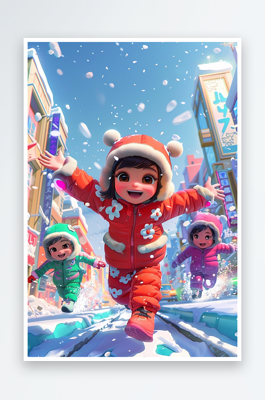 冬天雪地中玩耍的小孩-众图网