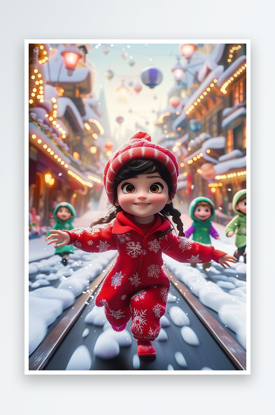 冬天雪地中玩耍的小孩-众图网