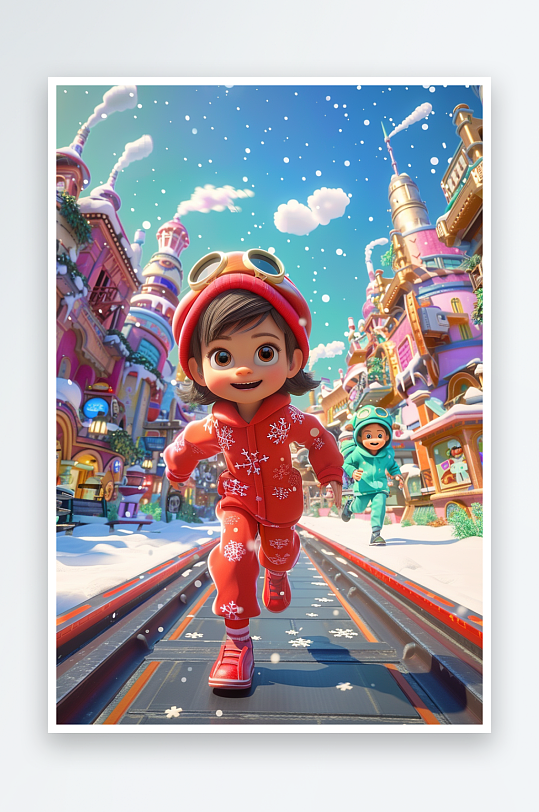 冬天雪地中玩耍的小孩-众图网