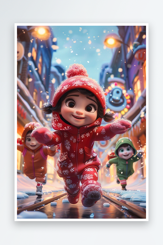 冬天雪地中玩耍的小孩-众图网