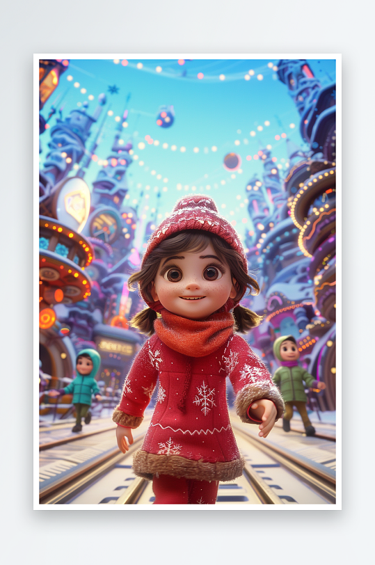 冬天雪地中玩耍的小孩-众图网