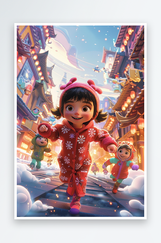 冬天雪地中玩耍的小孩-众图网