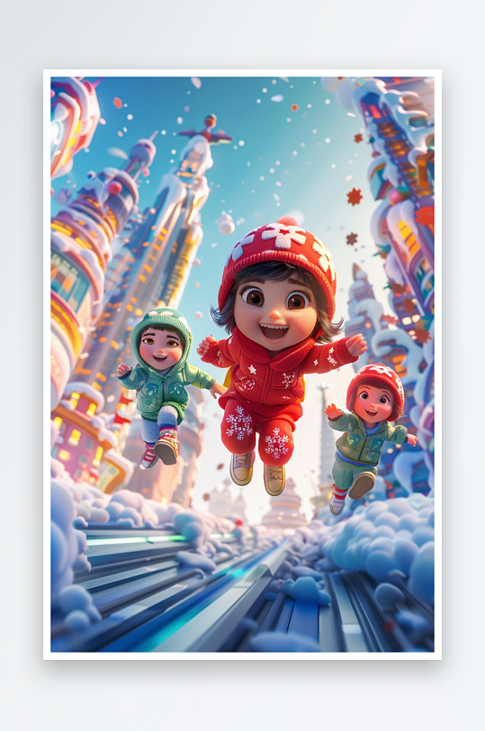 冬天雪地中玩耍的小孩-众图网