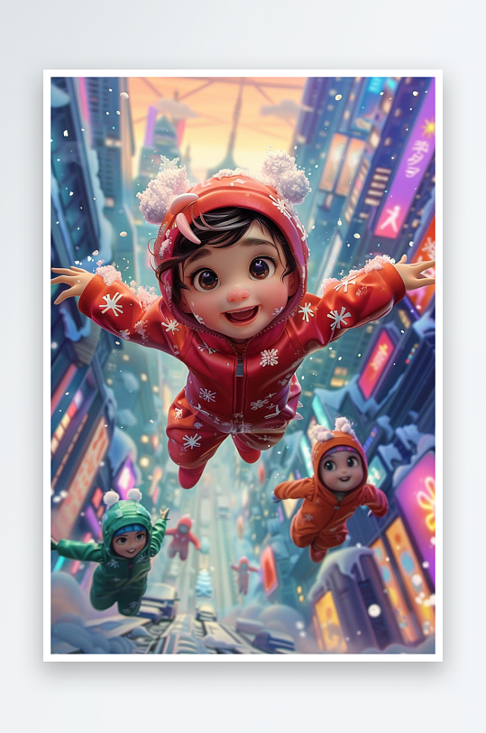 冬天雪地中玩耍的小孩-众图网