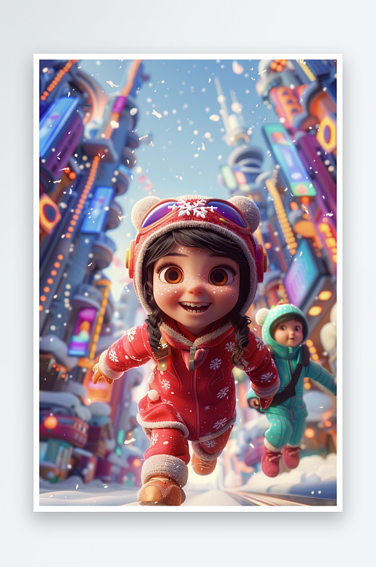 冬天雪地中玩耍的小孩-众图网