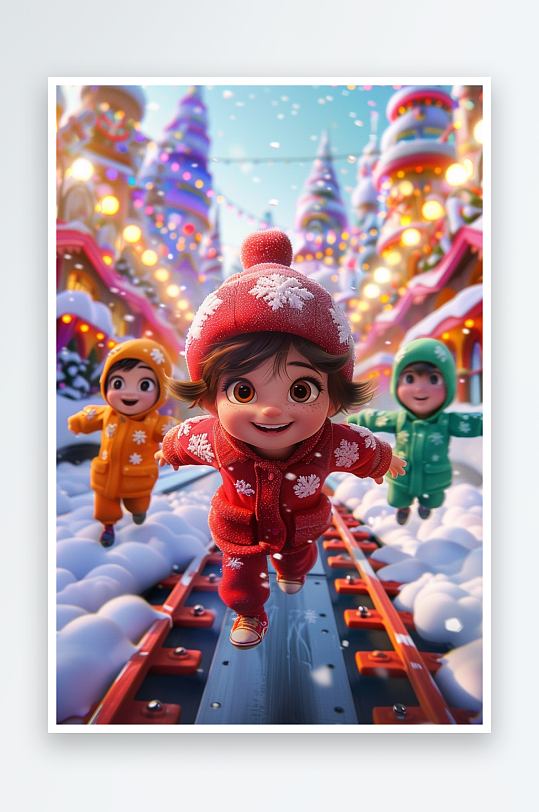 冬天雪地中玩耍的小孩-众图网