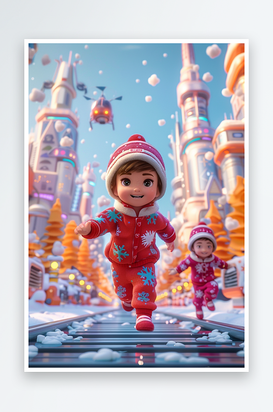 冬天雪地中玩耍的小孩-众图网