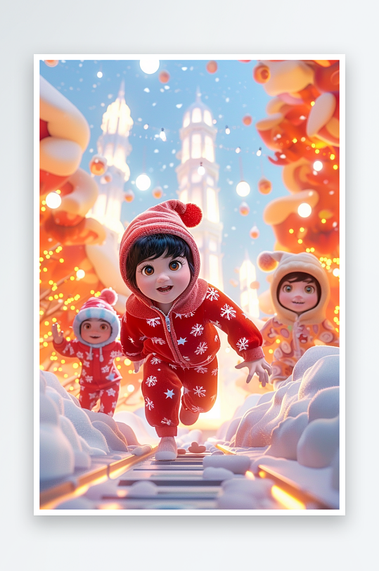 冬天雪地中玩耍的小孩-众图网