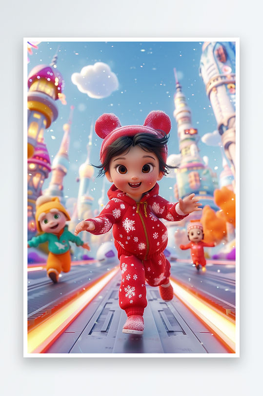 冬天雪地中玩耍的小孩-众图网