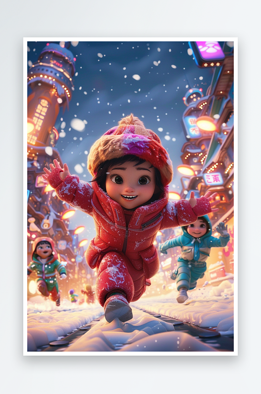 冬天雪地中玩耍的小孩-众图网