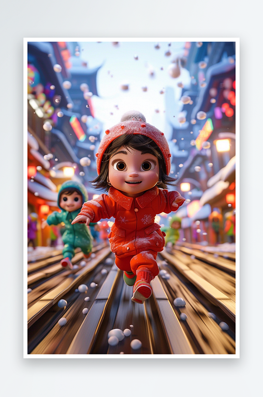 冬天雪地中玩耍的小孩-众图网