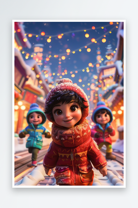 冬天雪地中玩耍的小孩-众图网